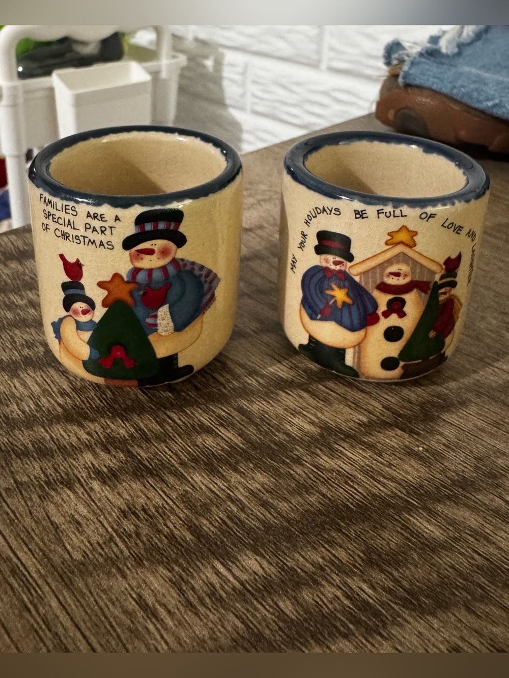CMI/Henton Snowmen Votive Candle Holders Set of 2 Christmas Holiday Ceramic